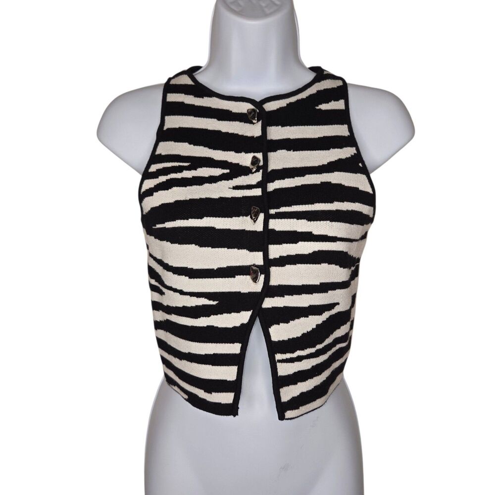 ZARA Zebra Print Knit Cropped Vest Top Silver Tone Buttons Size XS NWOT